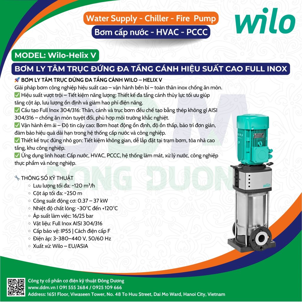 Wilo – Helix V – Bơm Ly Tâm Trục Đứng Đa Tầng Cánh Hiệu Suất Cao Full Inox