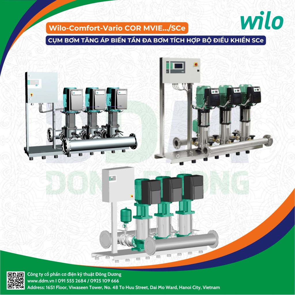 Wilo – Comfort-Vario COR MVIE…/SCe – Cụm Bơm Tăng Áp Biến Tần Đa Bơm Tích Hợp Bộ Điều Khiển SCe, Hiệu Suất IE5