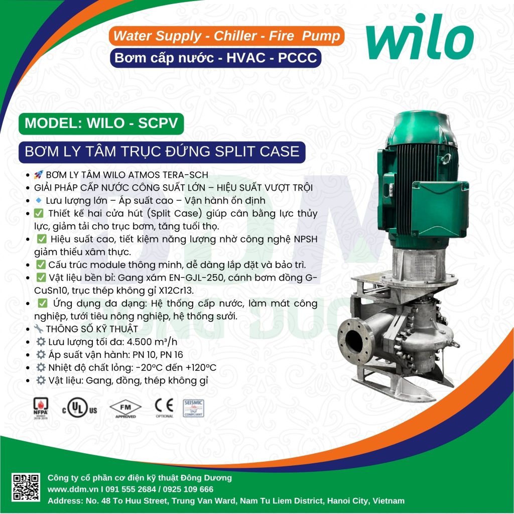 Wilo SCPV – Bơm Ly Tâm Hai Cửa Hút Trục Đứng Hiệu Suất Cao
