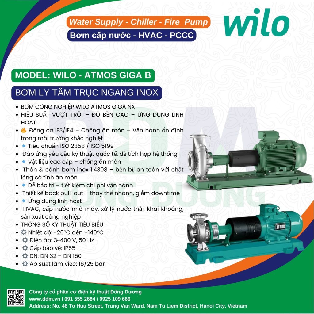 Wilo Atmos Giga NX - Bơm ly tâm trục ngang Full Inox