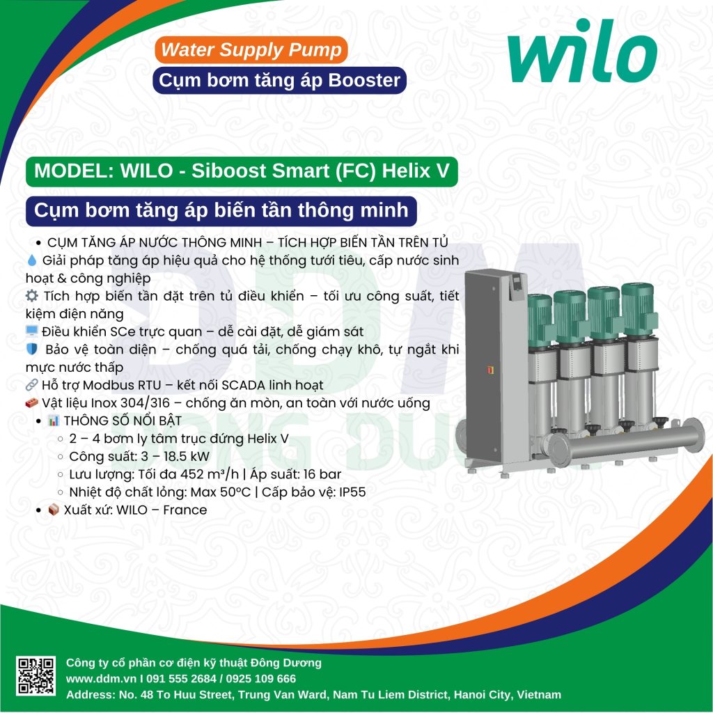 Wilo SiBoost Smart (FC) Helix V – Cụm tăng áp biến tần trên tủ