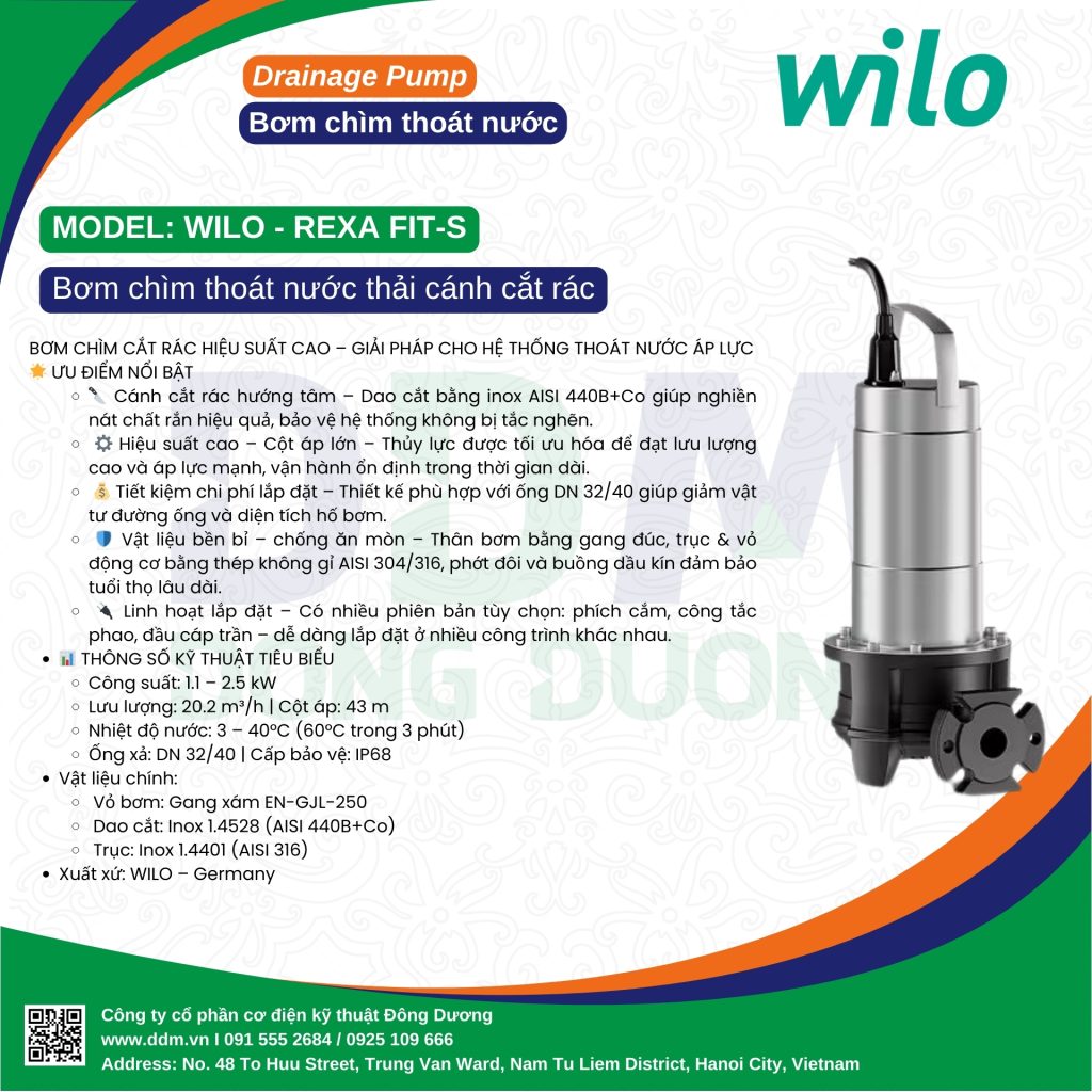 Wilo-Rexa FIT-S – Bơm Chìm Cắt Rác