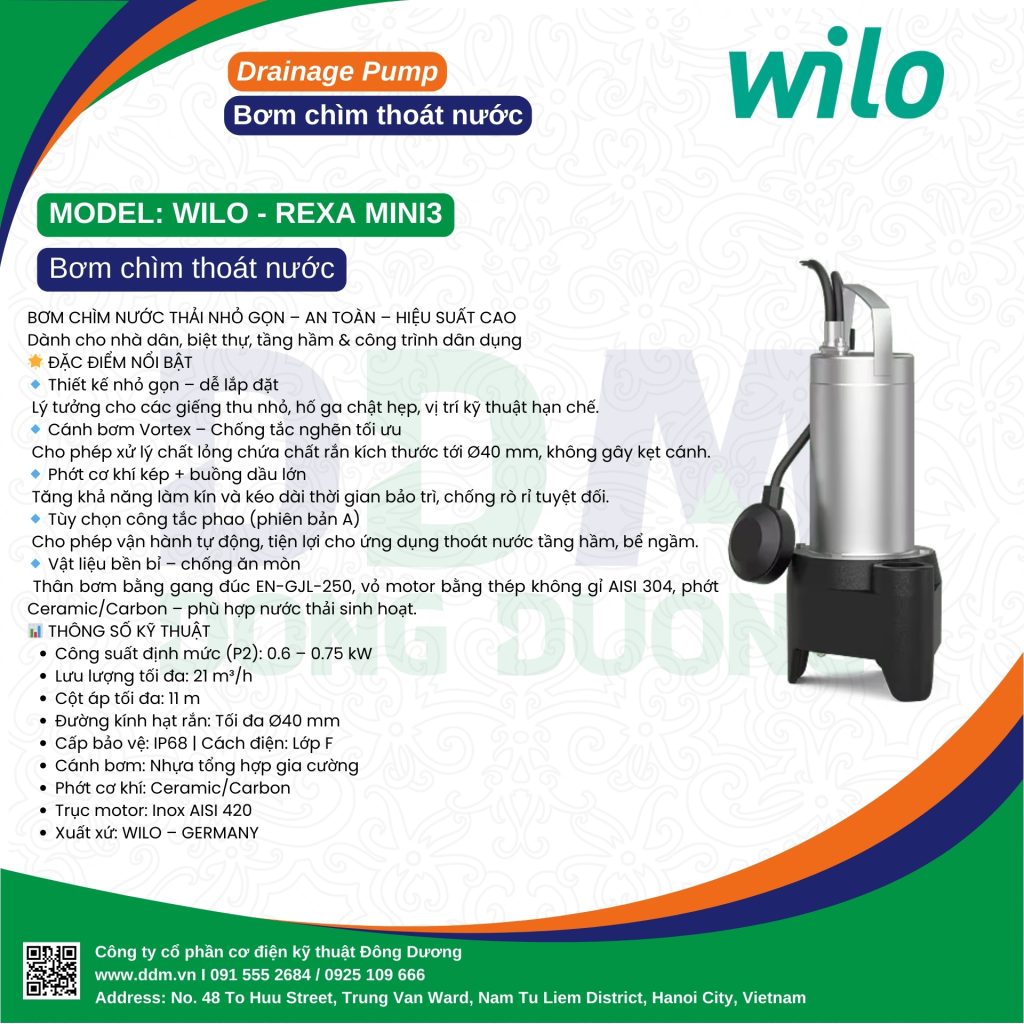 Wilo-Rexa MINI3 – Bơm Chìm Nước Thải Nhỏ Gọn