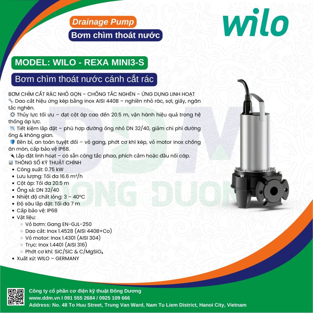 BƠM CHÌM CẮT RÁC WILO-REXA MINI3-S