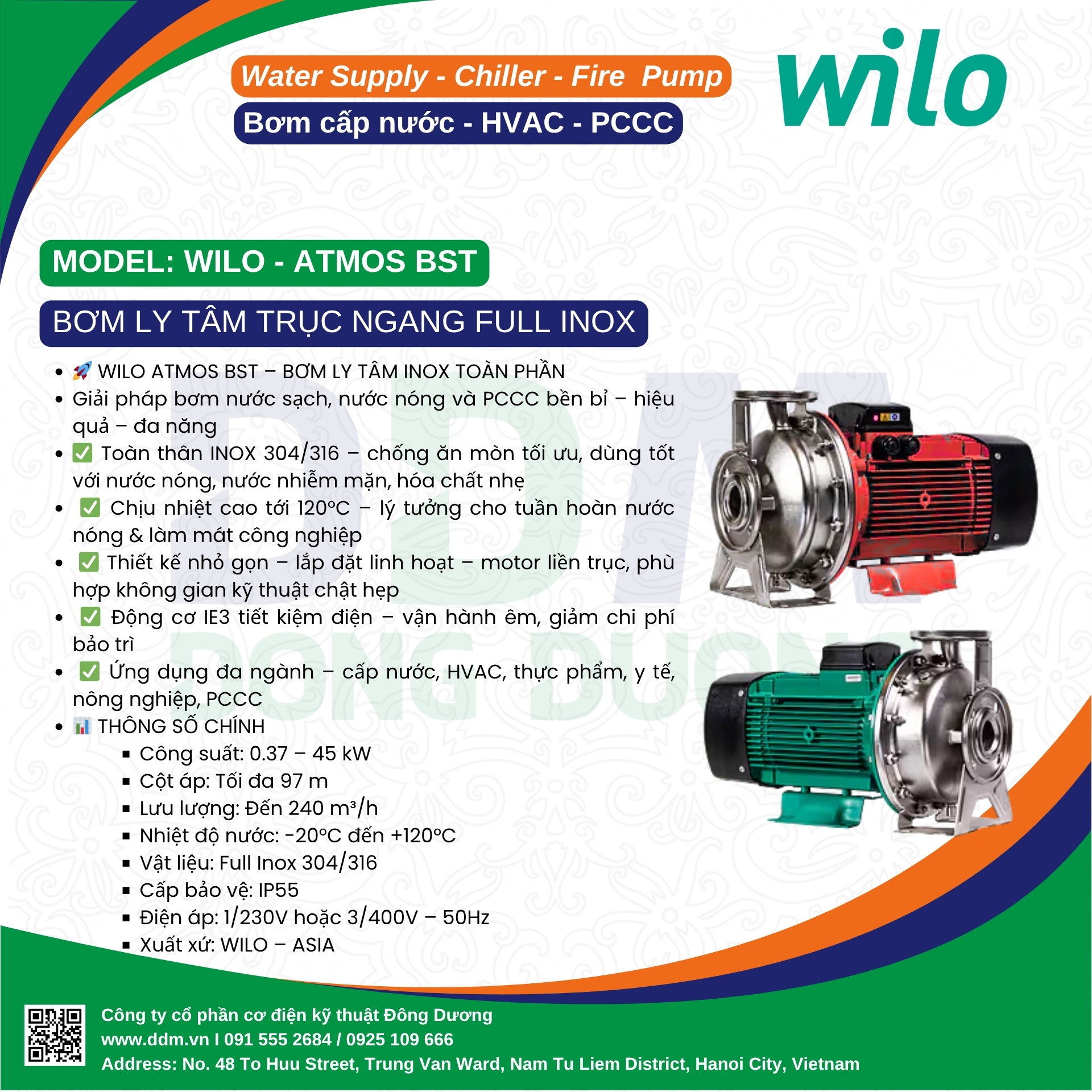 WILO ATMOS BST – BƠM LY TÂM TRỤC NGANG FULL INOX