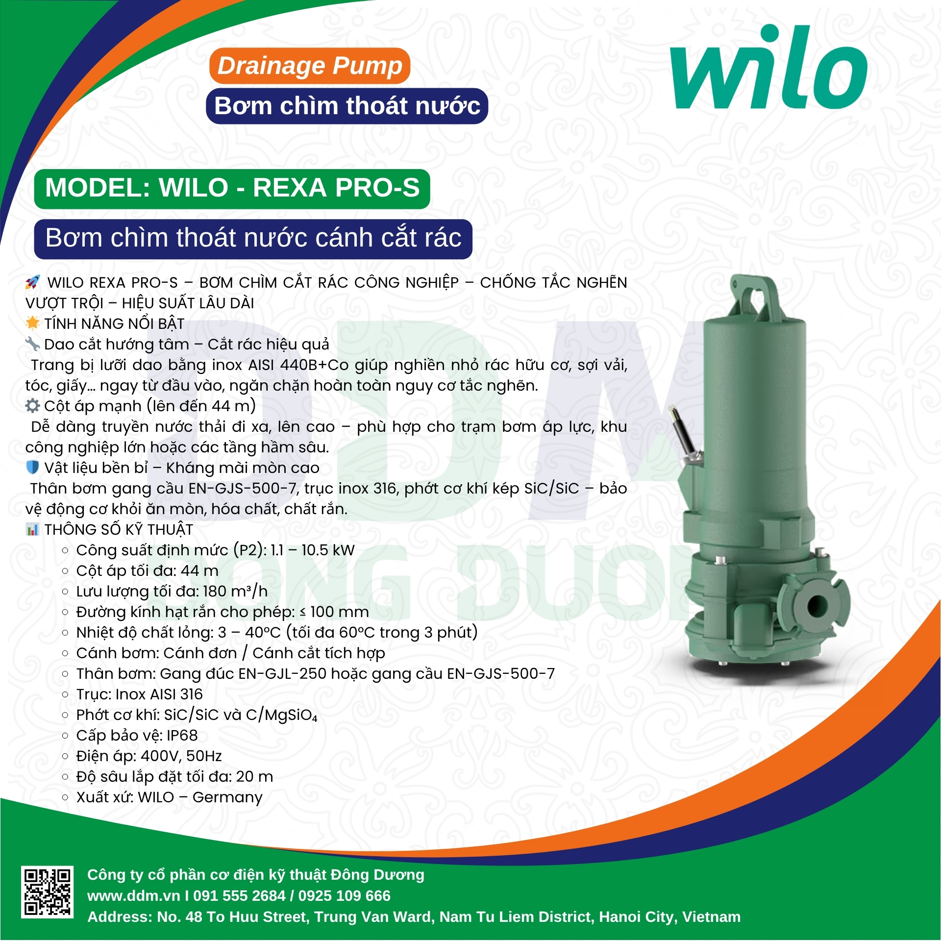 Wilo Rexa PRO-S – Bơm Chìm Cắt Rác Công Nghiệp