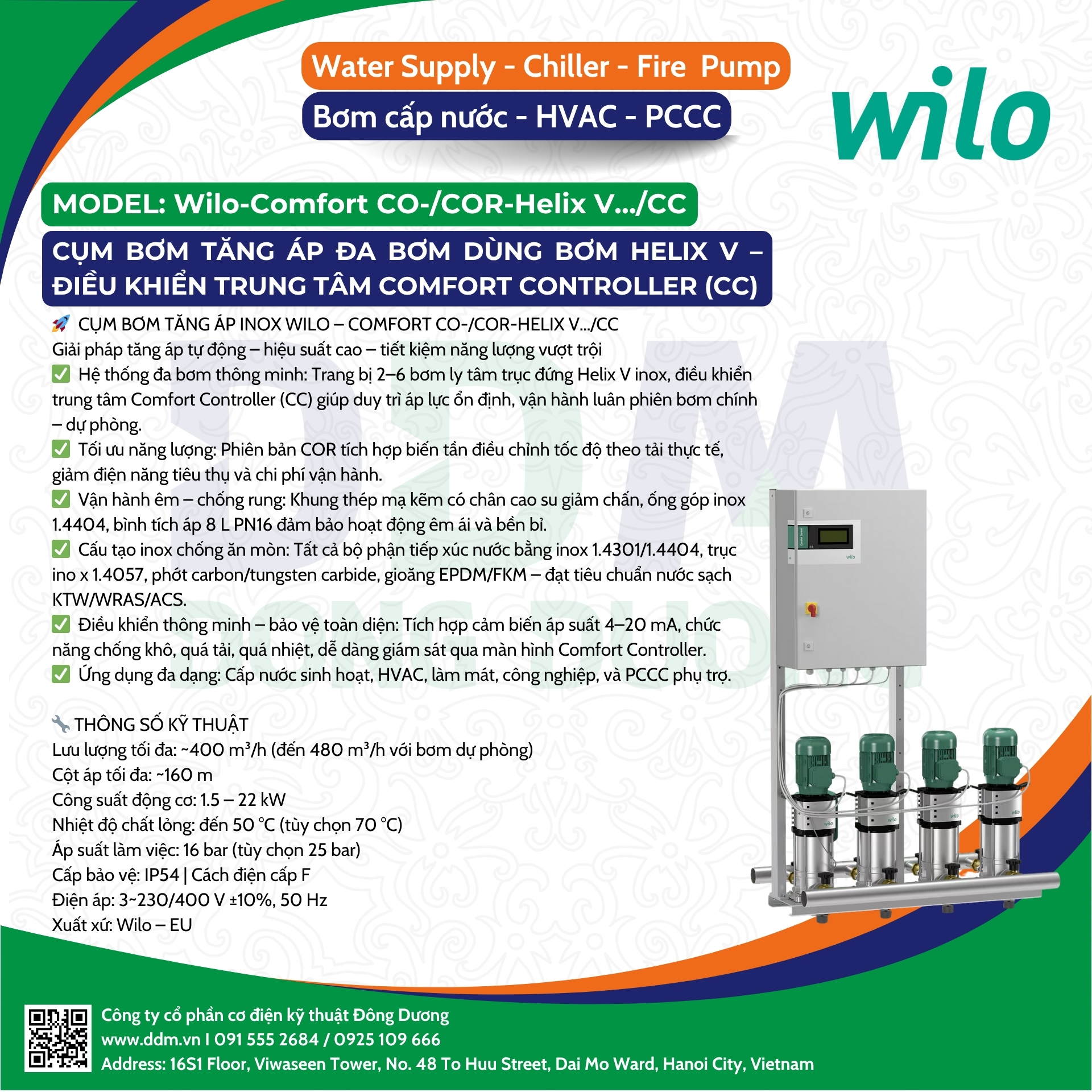 Wilo – Comfort CO-/COR-Helix V…/CC – Cụm Bơm Tăng Áp Đa Bơm Dùng Bơm Helix V, Điều Khiển Trung Tâm Comfort Controller (CC)
