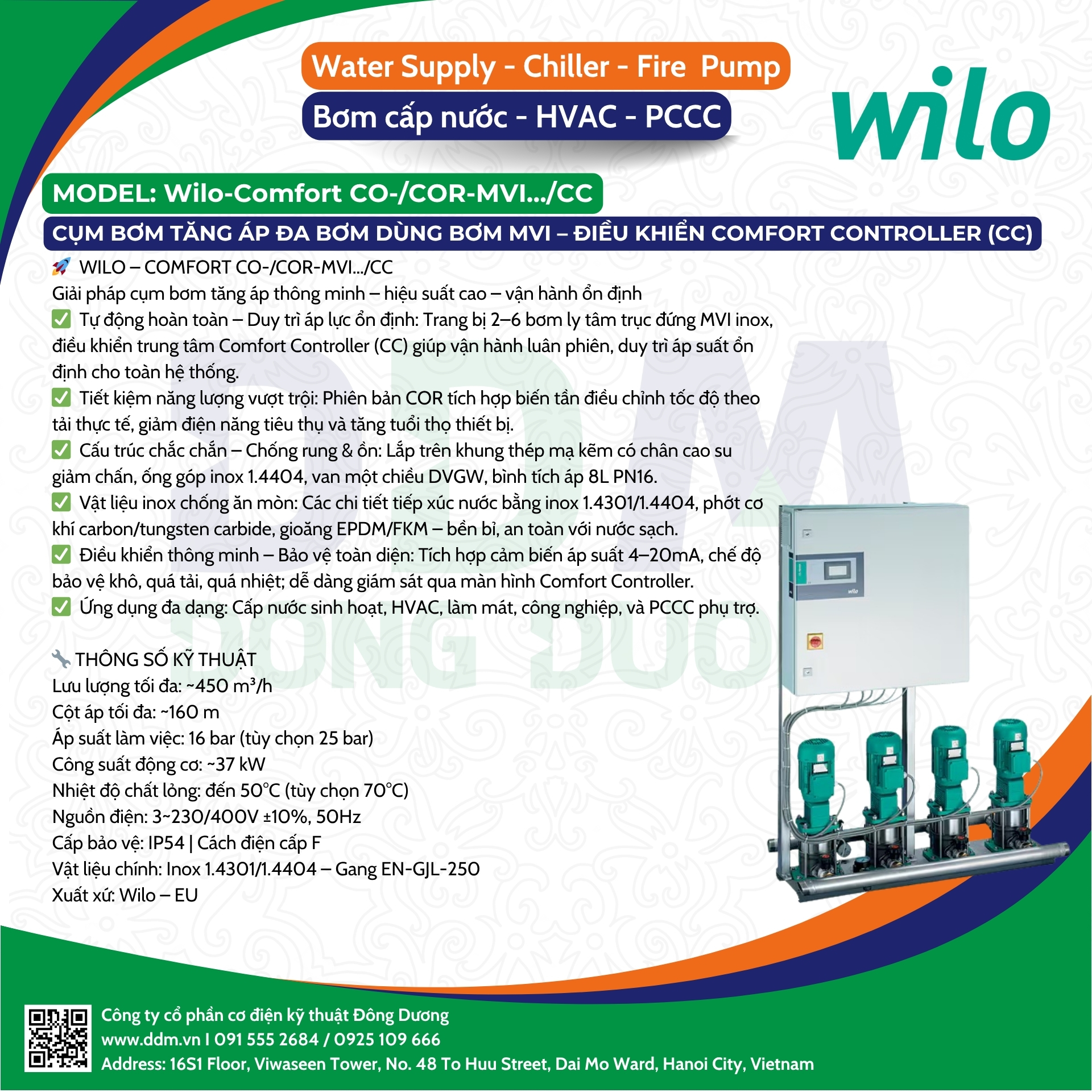 Wilo – Comfort CO-/COR-MVI…/CC – Cụm Bơm Tăng Áp Đa Bơm Dùng Bơm MVI, Điều Khiển Trung Tâm Comfort Controller (CC)
