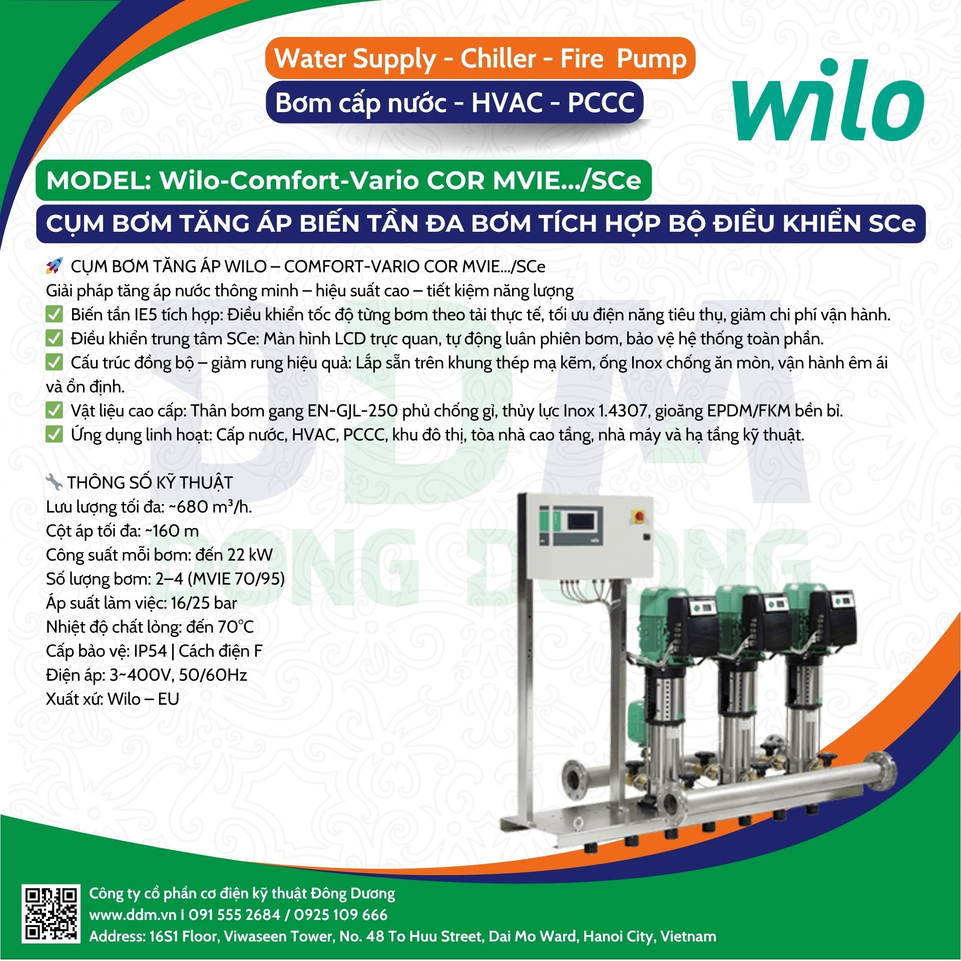 Wilo – Comfort-Vario COR MVIE…/SCe – Cụm Bơm Tăng Áp Biến Tần Đa Bơm Tích Hợp Bộ Điều Khiển SCe, Hiệu Suất IE5