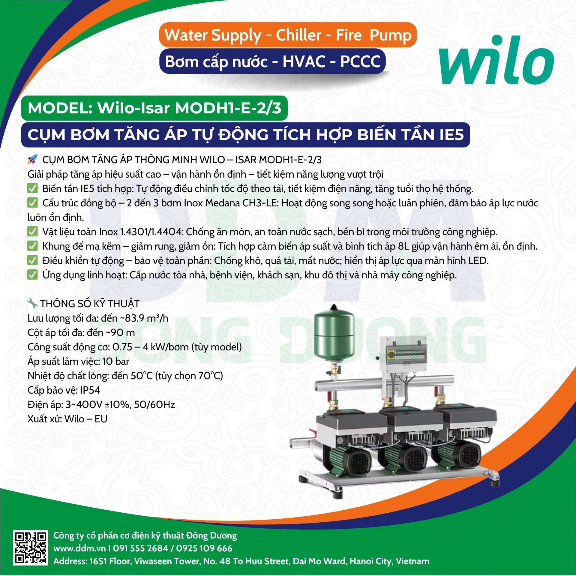 Wilo – Isar MODH1-E-2/3 – Cụm Bơm Tăng Áp Tự Động Tích Hợp Biến Tần IE5