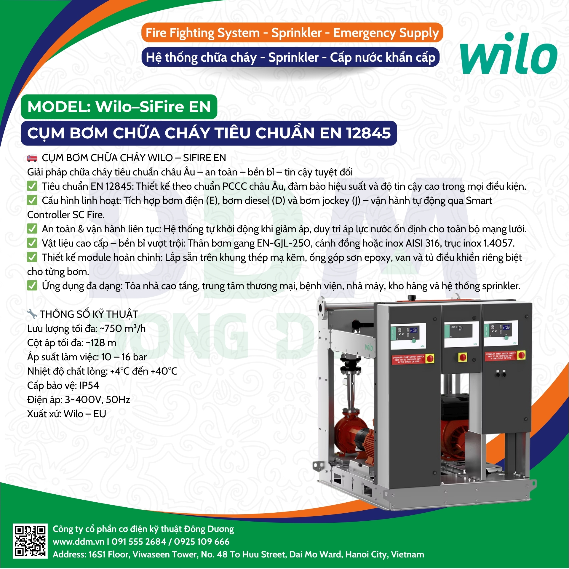 Wilo – SiFire EN – Cụm Bơm Chữa Cháy Tiêu Chuẩn EN 12845, Tích Hợp Bơm Điện, Bơm Diesel Và Bơm Jockey