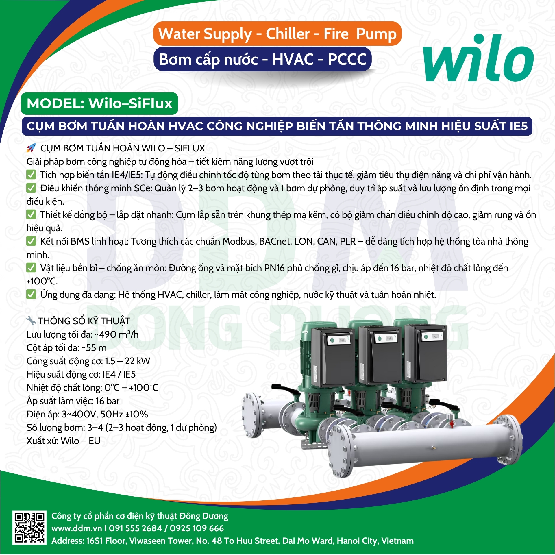 Wilo-SiFlux – Cụm bơm tuần hoàn HVAC công nghiệp điều khiển biến tần thông minh
