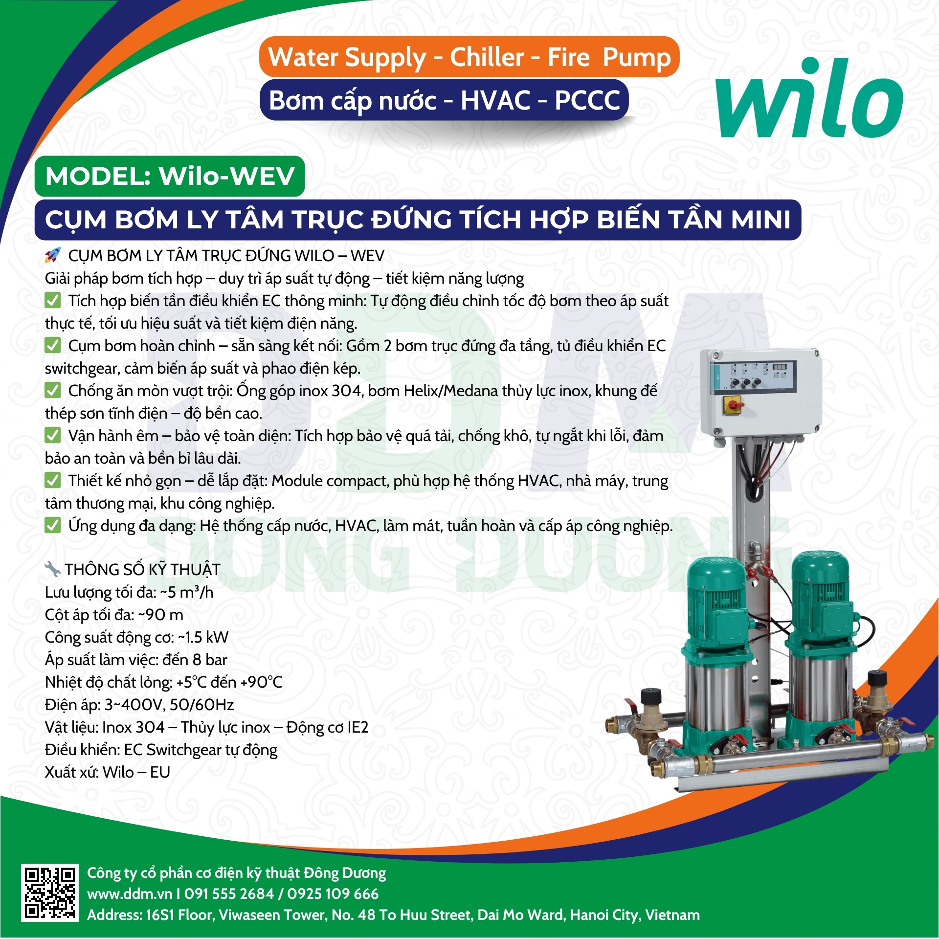Wilo – WEV – Cụm Bơm Ly Tâm Trục Đứng Tích Hợp Biến Tần